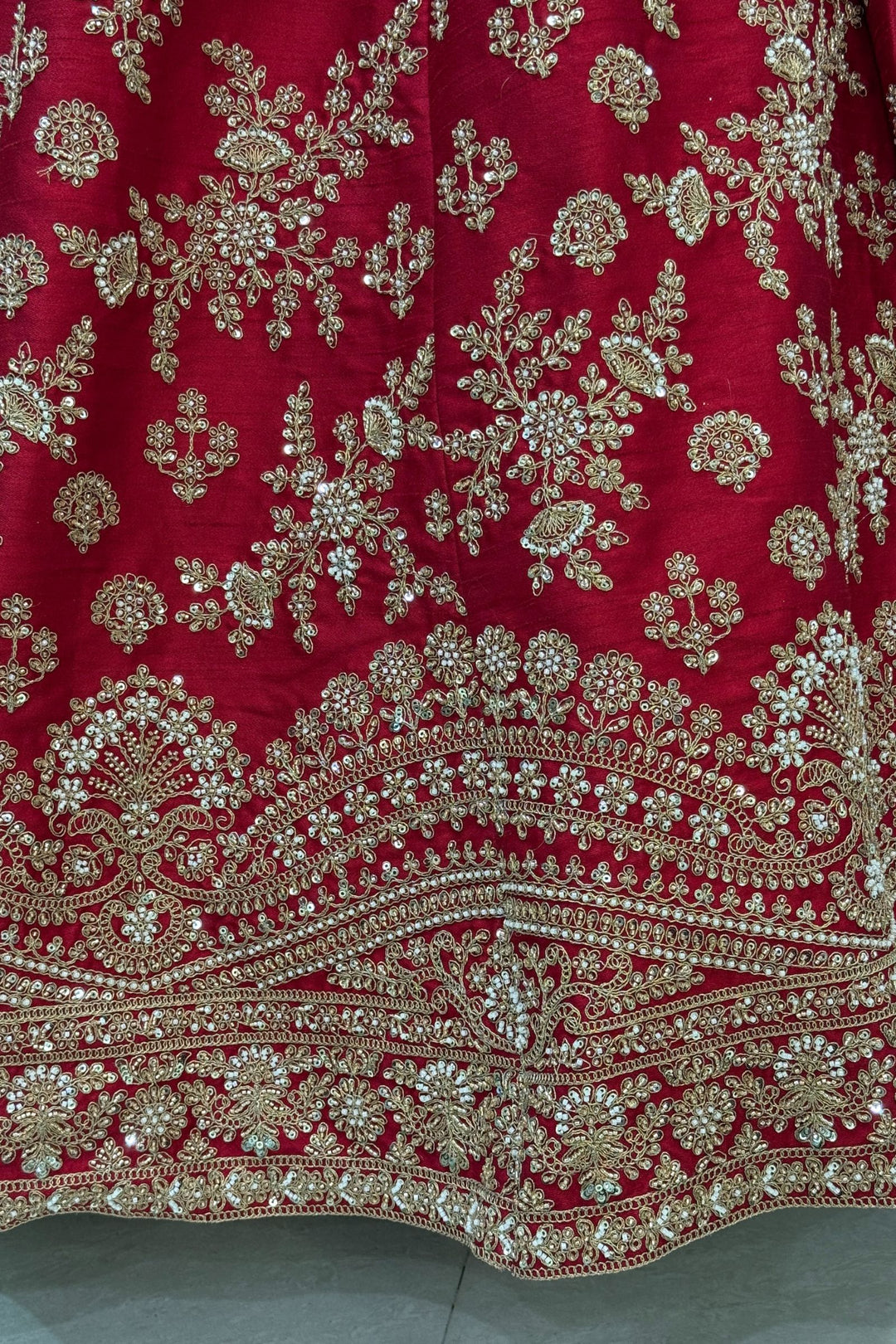 Maroon Beads, Zari, Zardozi and Sequins work Crop Top Designer Bridal Lehenga with Belt