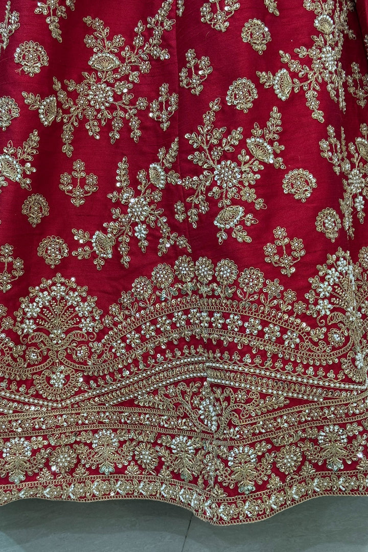 Maroon Beads, Zari, Zardozi and Sequins work Crop Top Designer Bridal Lehenga with Belt