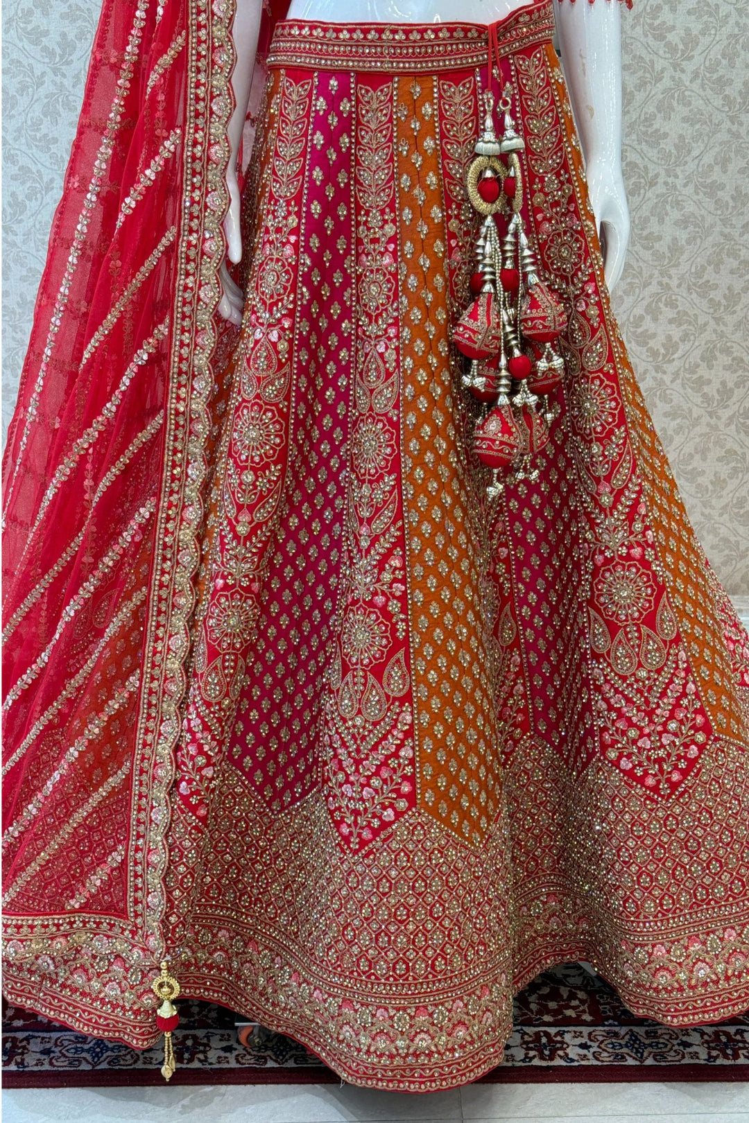Red Zari, Stone and Embroidery work Crop Top Designer Bridal Multicolor Lehenga