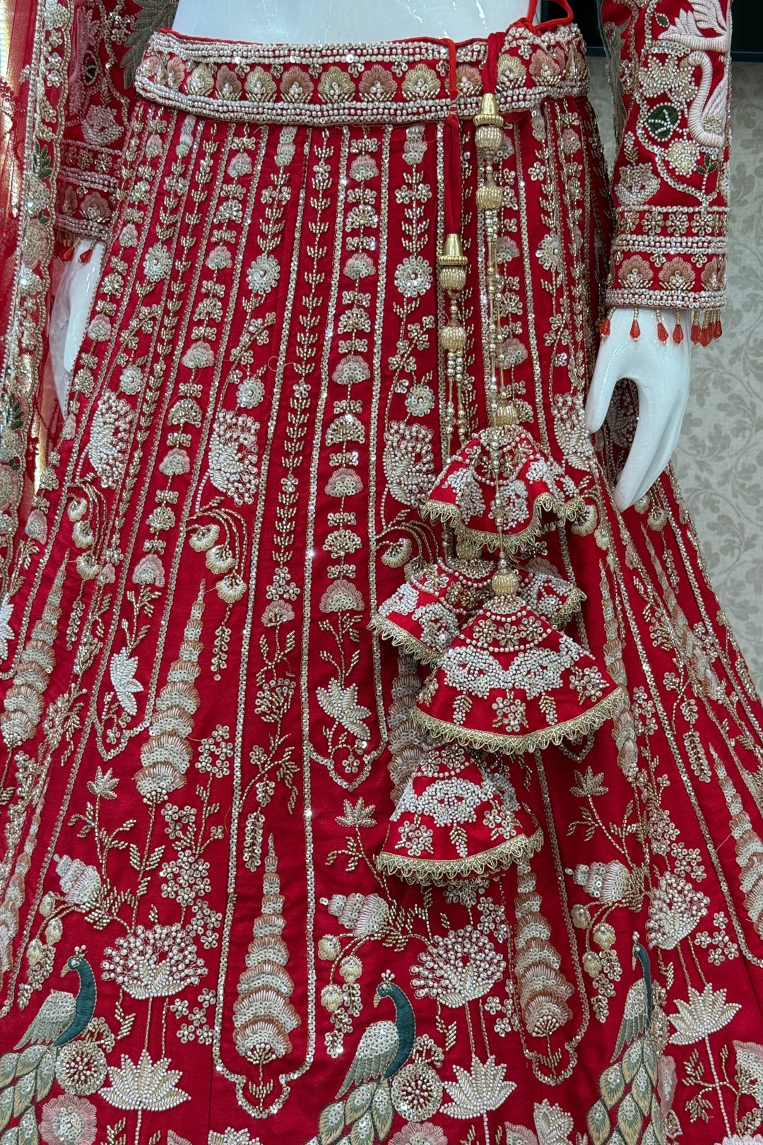 Red Beads, Embroidery, Zari, Sequins and Zardozi work Crop Top Designer Bridal Lehenga