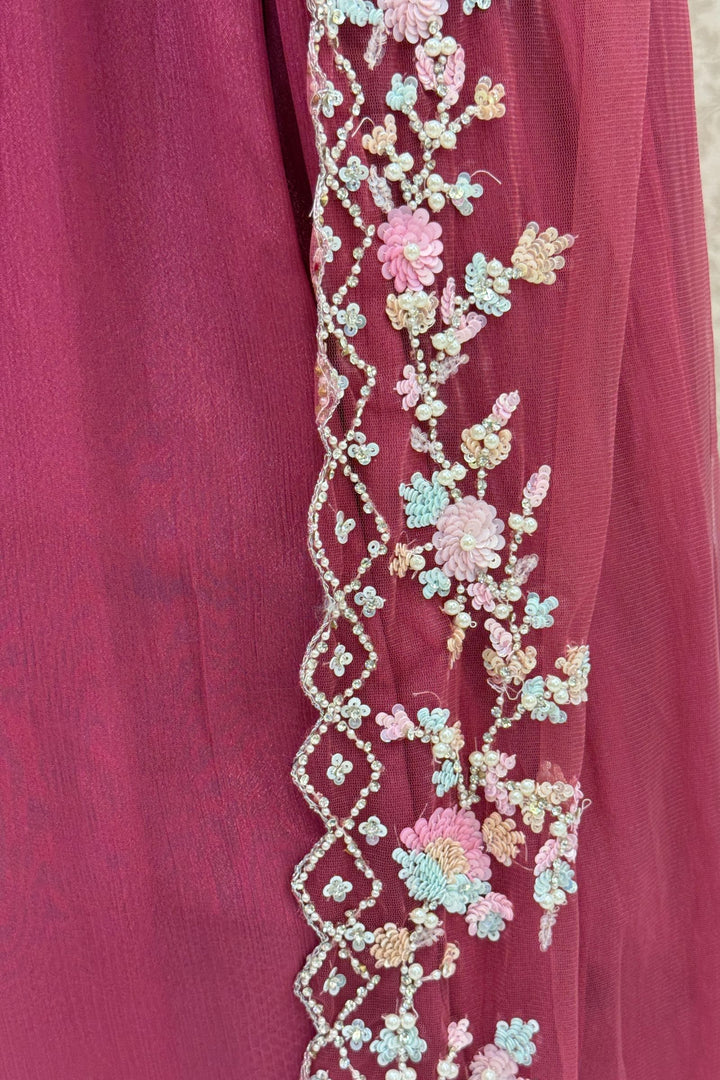 Onion Pink Sequins, Stone and Pearl work Indo-Western Styled Crop Top Lehenga  with Overcoat