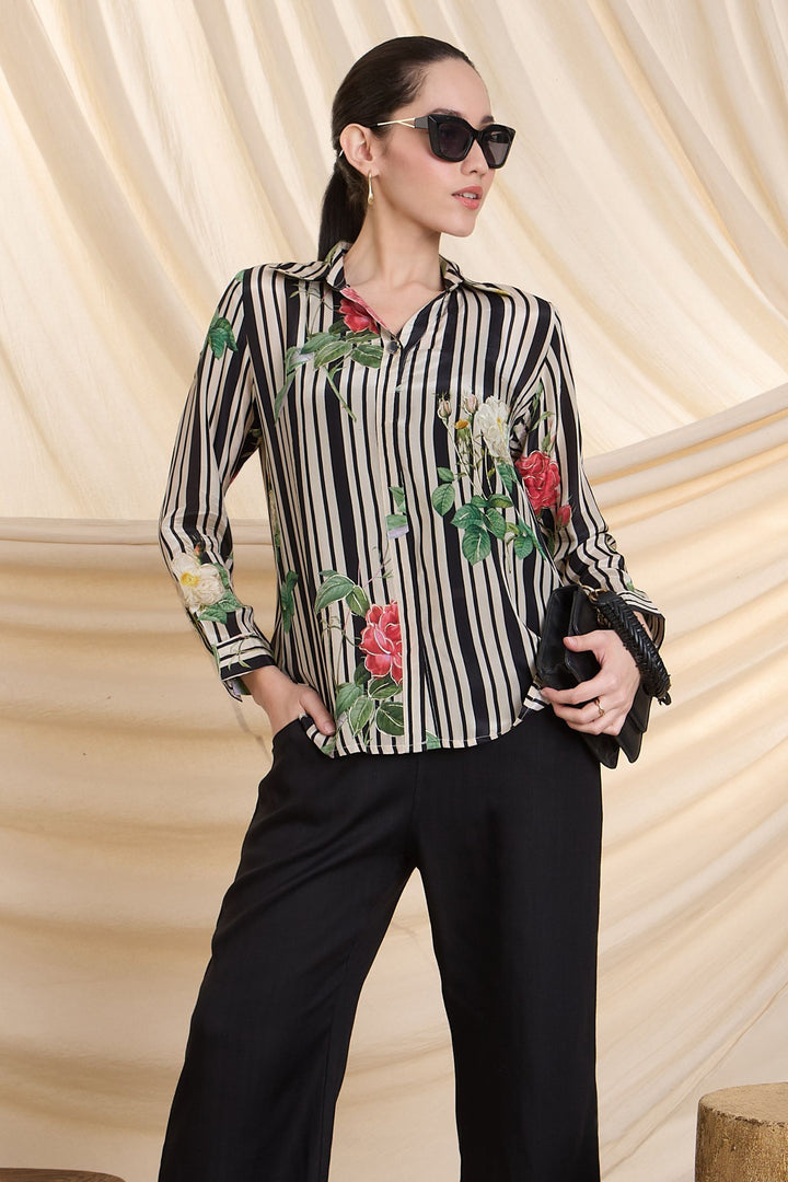 Cream with Black Floral Print Short Kurti