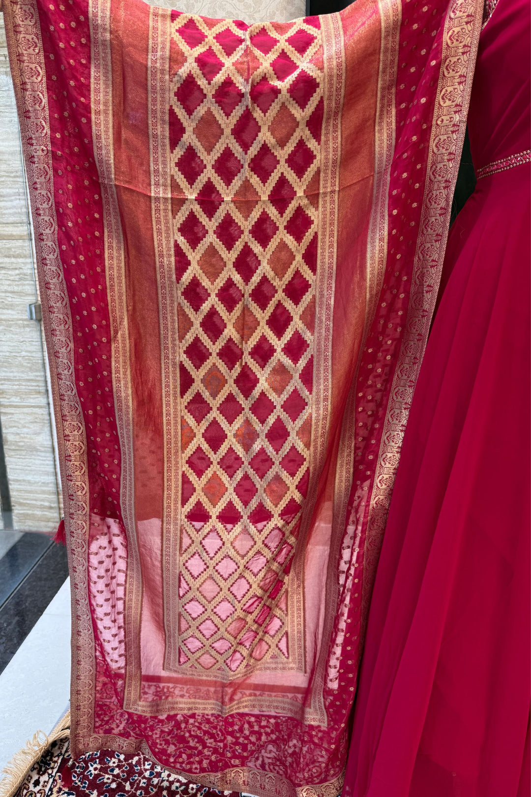 Rani Pink Beads and Sequins work Anarkali Gown with Traditional Banaras work Dupatta