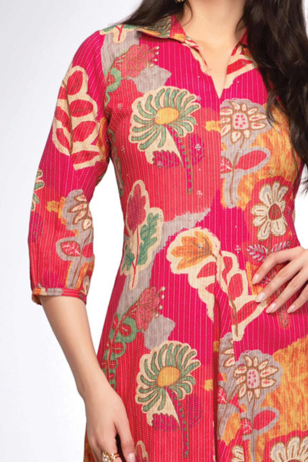 Rani Pink Thread Weaving with Floral Print Anarkali Styled Kurti