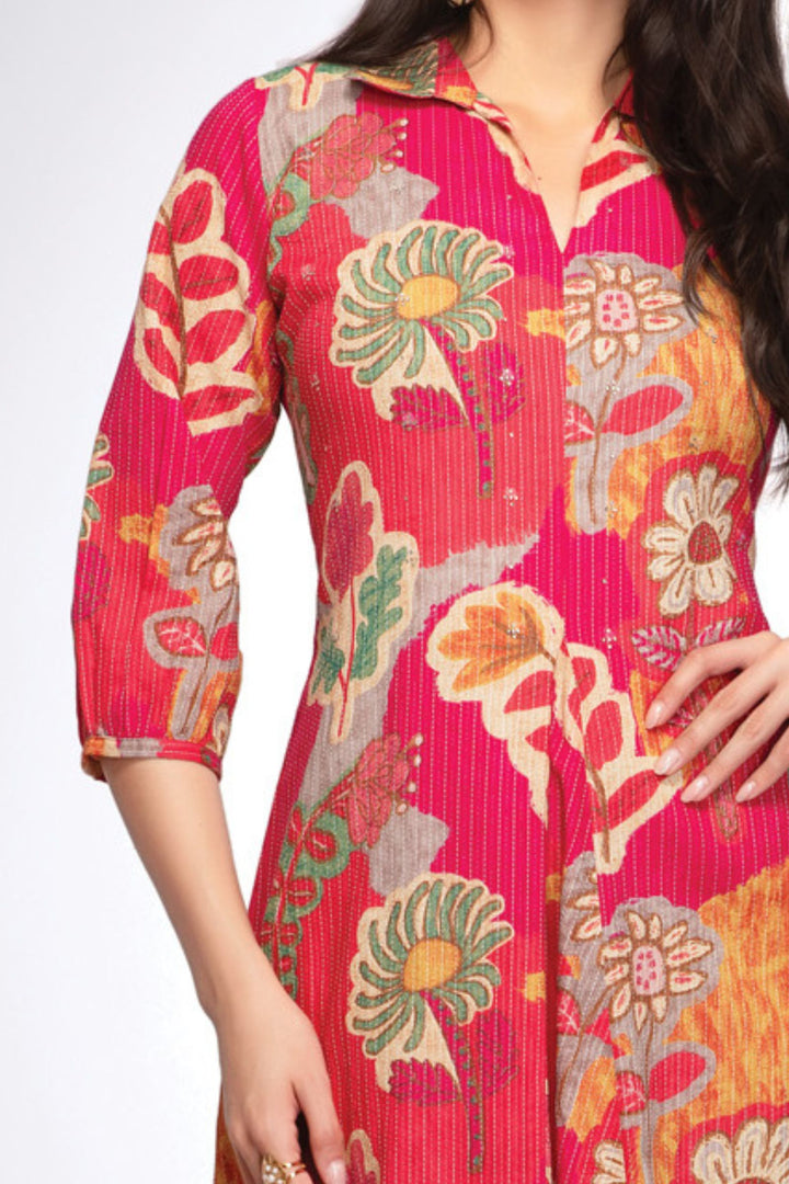 Rani Pink Thread Weaving with Floral Print Anarkali Styled Kurti