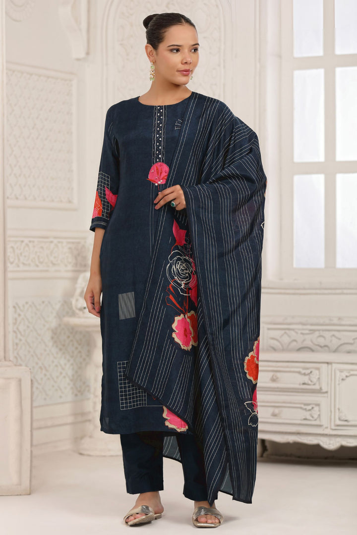 Teal Blue Beads and Sequins work with Digital Print Straight Kurta Set