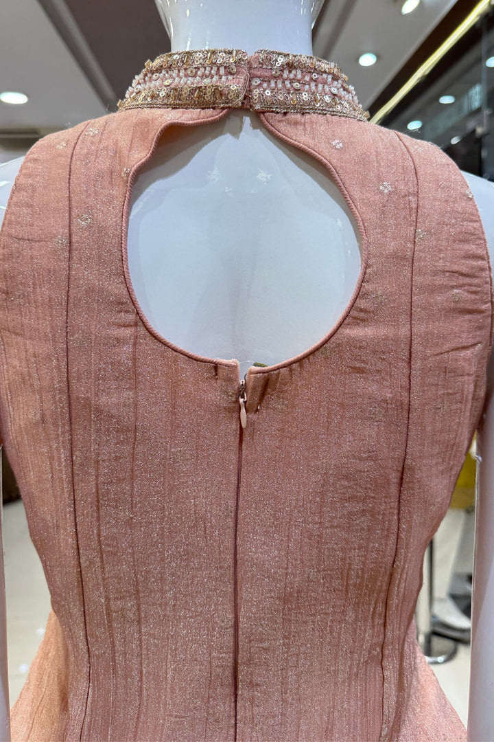 Peach Halter Neck Palazzo Salwar Suit with Zardozi, Beads, Sequins and Zari Detailing