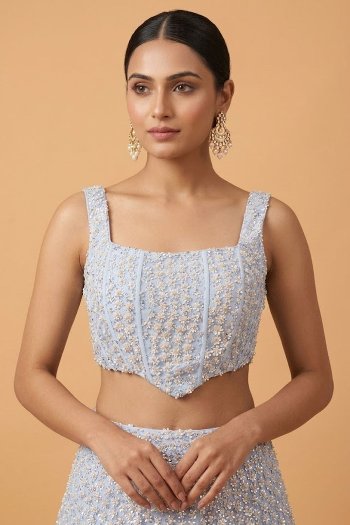 Ice Blue Sequins and Beads work Fishcut Lehenga Set