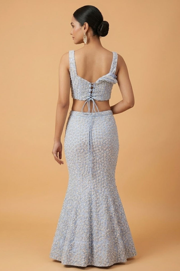 Ice Blue Sequins and Beads work Fishcut Lehenga Set