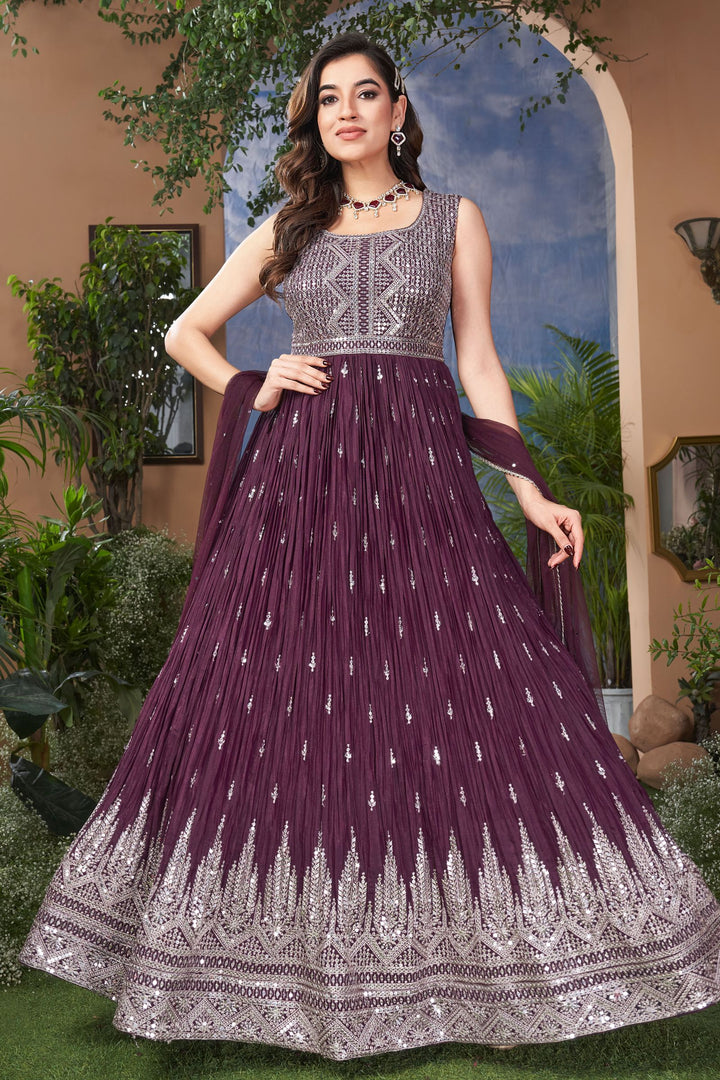 Wine Sequins and Zari work Floor Length Anarkali Suit