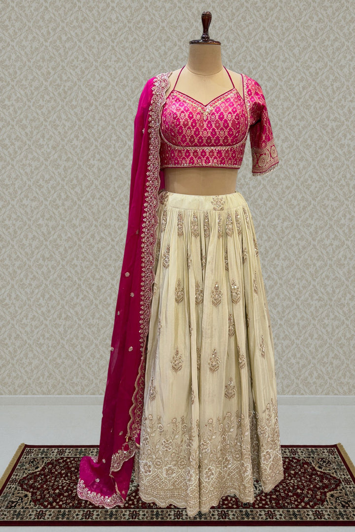 Pink with Cream Beads, Sequins, Stone, Mirror, Zari and Banaras work Crop Top Lehenga