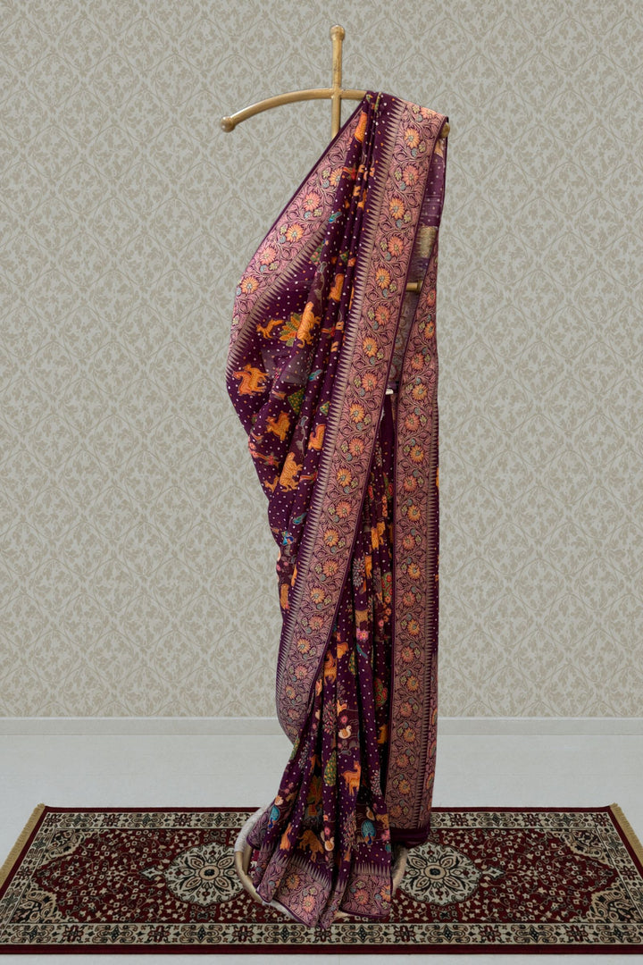 Wine Banaras and Traditional Woven Animal Motifs work with Bandhani Print Saree