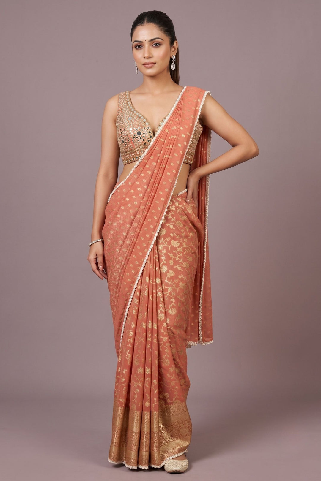 Rust Orange Readymade Banaras work Saree with Mirror work Readymade Blouse