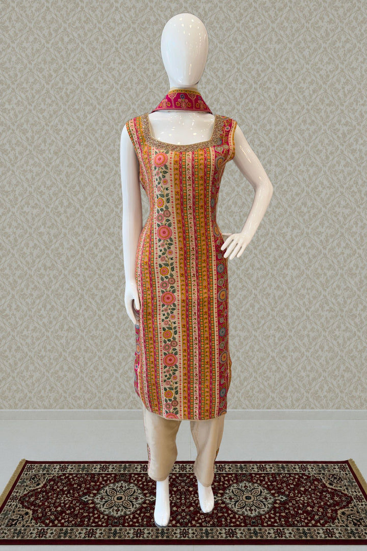 Beige Banaras, Beads and Zardozi work with Multicolor Digital Print Straight Cut Salwar Suit