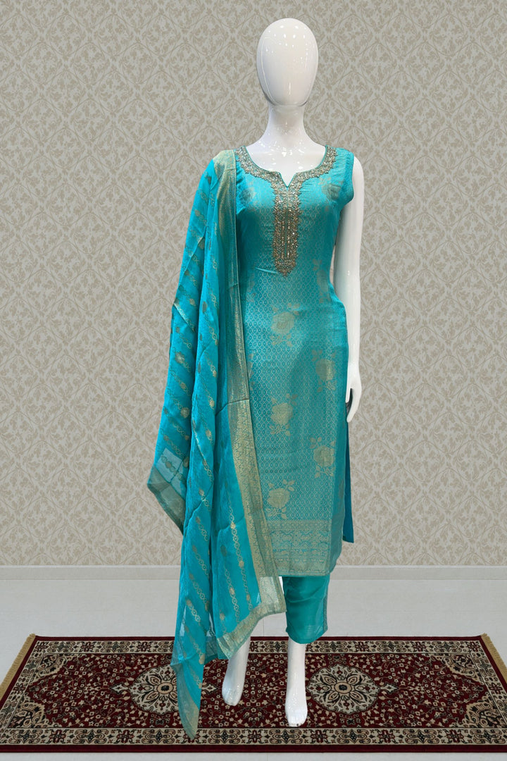 Rama Blue Banaras, Stone, Beads and Zardozi work Straight Cut Salwar Suit