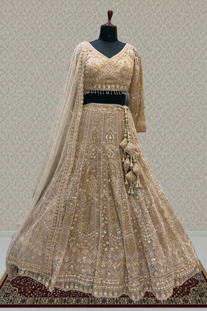 Beige Sequins, Pearl and Zari work Flared Lehenga Set with Peacock Motifs