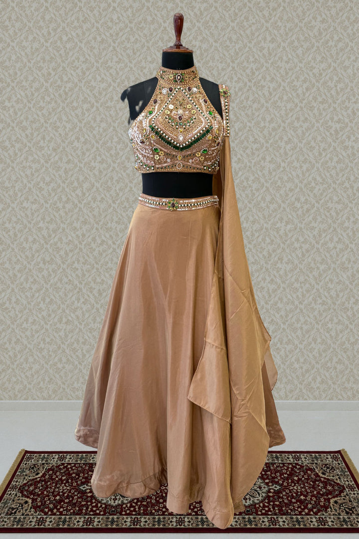 Gold Beads, Zardozi, Stone, Sequins and Pearl work with Halter Neck Crop Top Lehenga