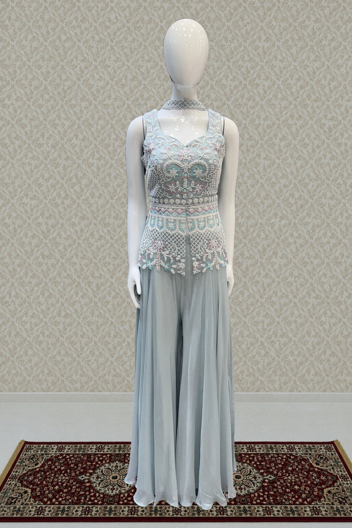 Sea Blue Beads and Sequins work Palazzo Suit Set