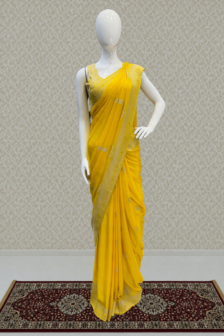 Yellow Banaras Zari work Saree with Zari and Sequins work Readymade Blouse