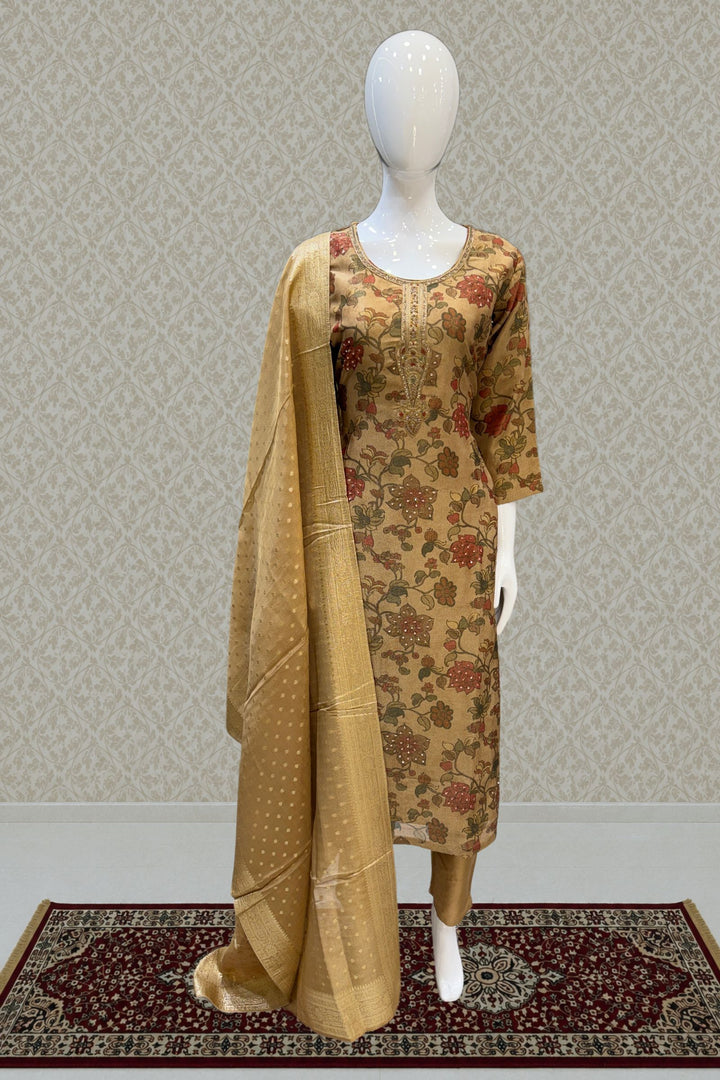 Beige Sequins, Beads, Zardozi and Banaras work Straight Cut Salwar Suit