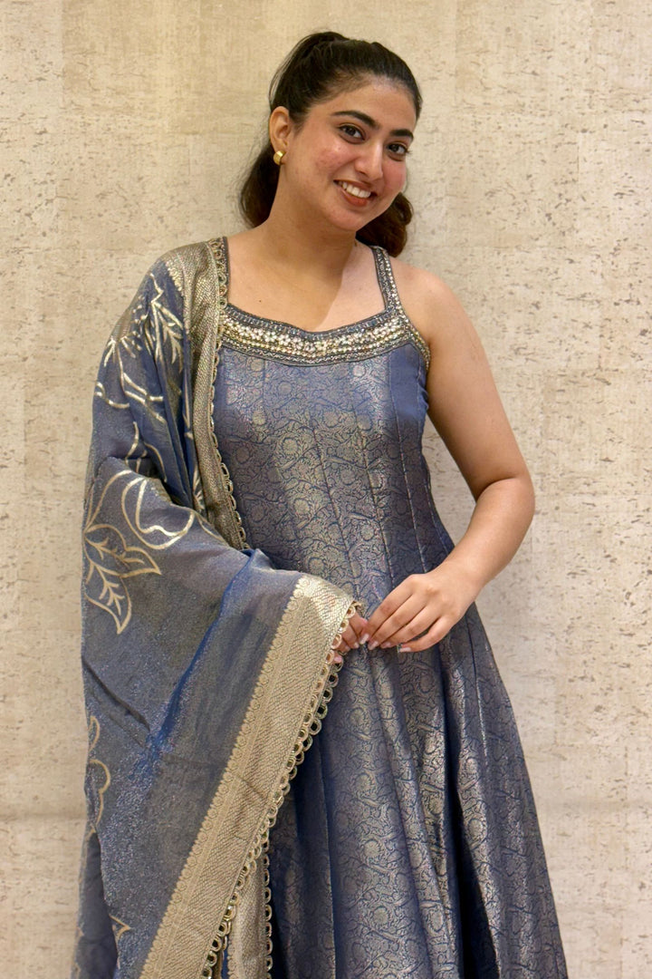 Blue Brocade, Stone, Zardozi, Mirror, Beads and Zari work Floor Length Anarkali Suit