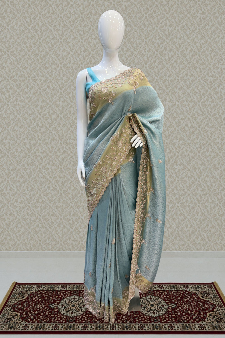 Firozi Blue Banaras, Beads, Sequins and Zari work Saree