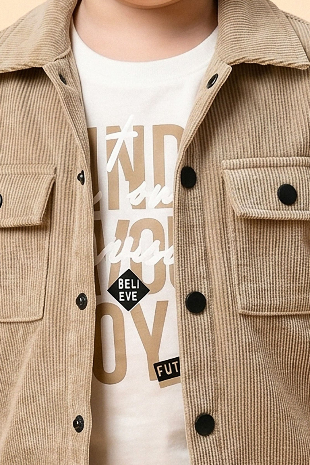 Beige with White Printed Blazer, T-Shirt and Pant Set for Boys