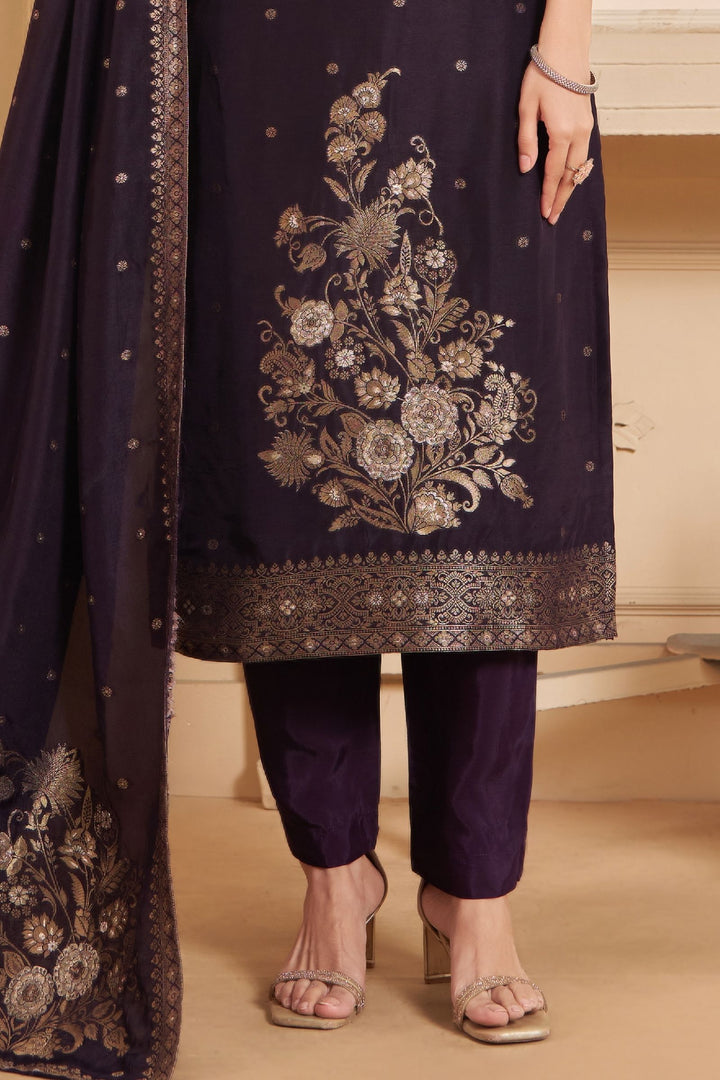 Wine Beads, Zardozi and Banaras work Straight Cut Salwar Suit