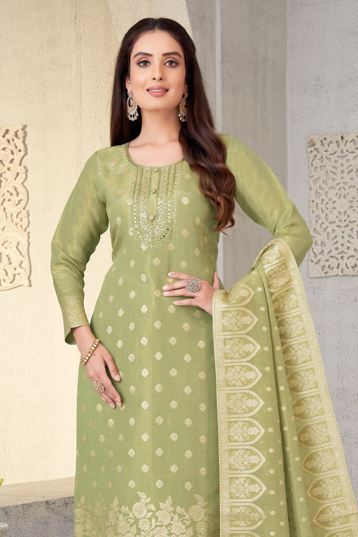 Pista Green Banaras, Zardozi and Beads work Straight Cut Salwar Suit