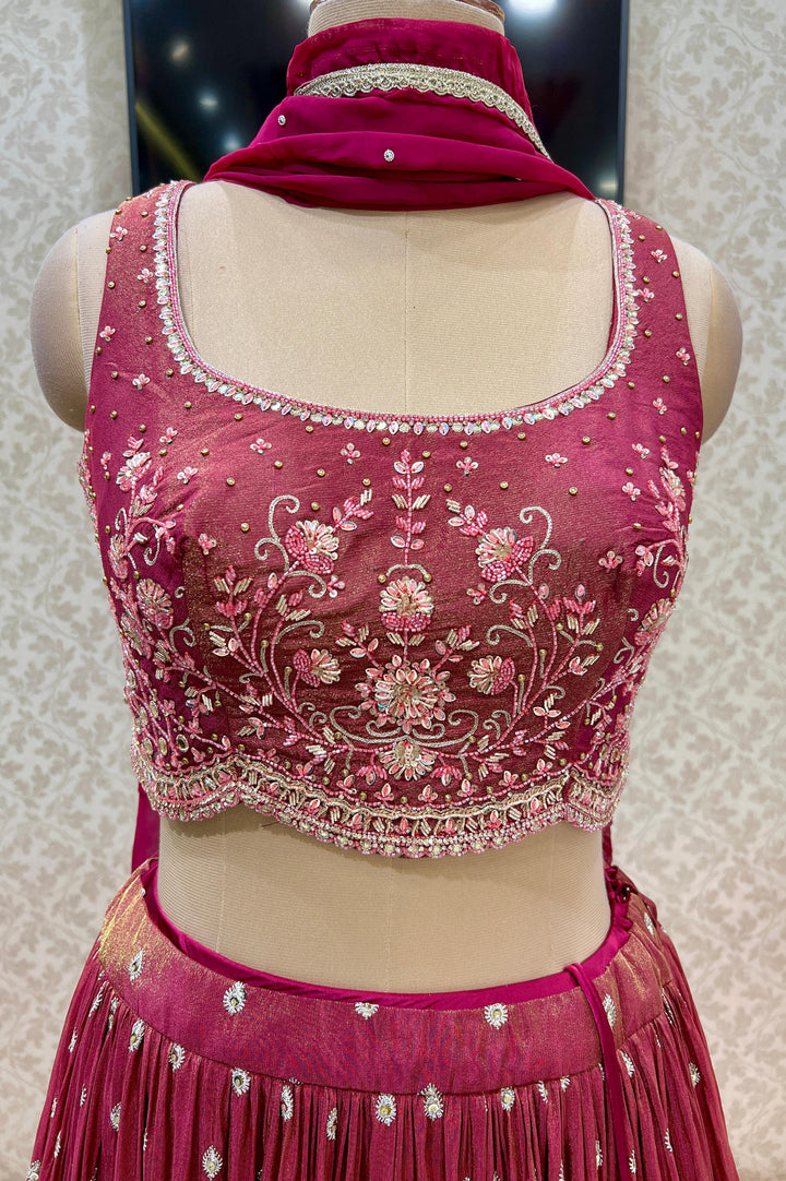 Magenta Beads, Zardozi, Stone, Zari and Mirror work Crop Top Lehenga