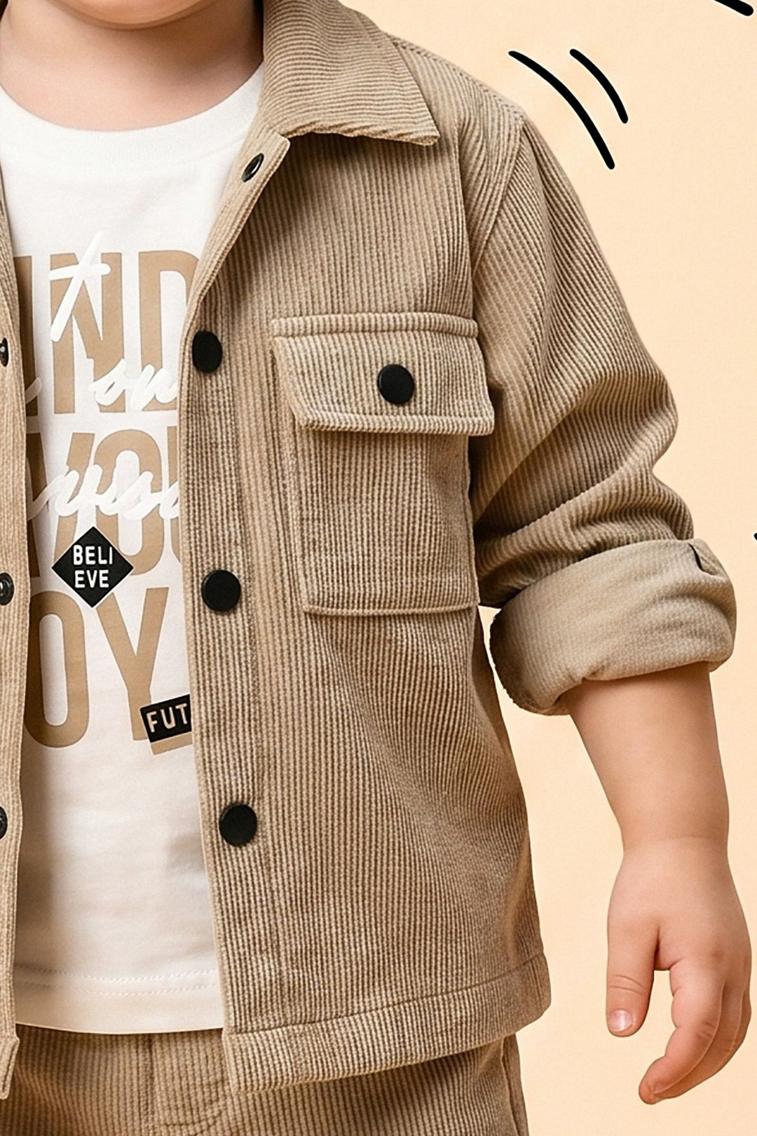 Beige with White Printed Blazer, T-Shirt and Pant Set for Boys
