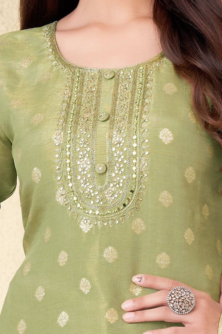 Pista Green Banaras, Zardozi and Beads work Straight Cut Salwar Suit