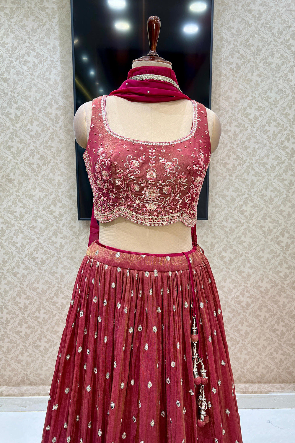 Magenta Beads, Zardozi, Stone, Zari and Mirror work Crop Top Lehenga