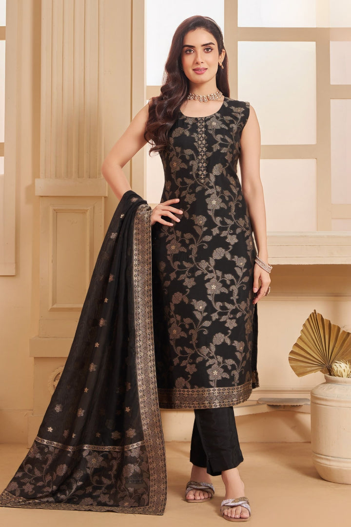 Black Banaras, Zardozi, Mirror, Stone and Thread work Straight Cut Salwar Suit