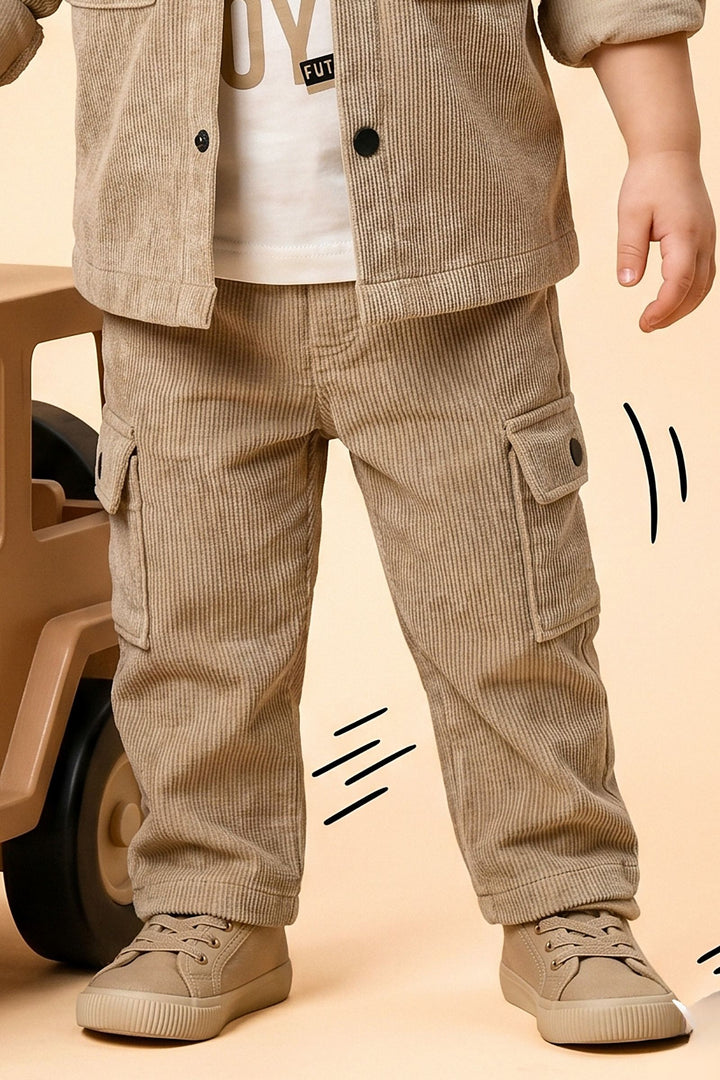 Beige with White Printed Blazer, T-Shirt and Pant Set for Boys