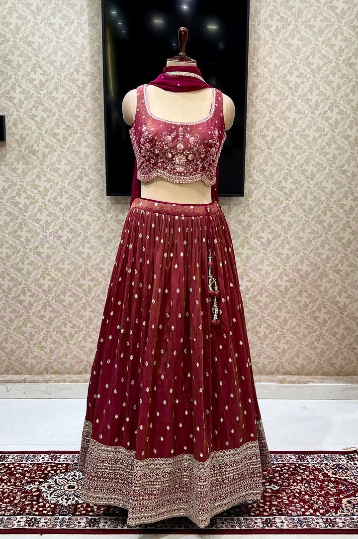 Magenta Beads, Zardozi, Stone, Zari and Mirror work Crop Top Lehenga