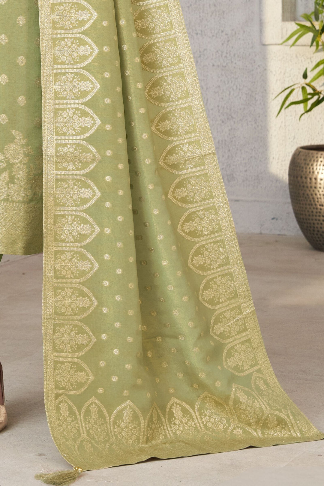 Pista Green Banaras, Zardozi and Beads work Straight Cut Salwar Suit