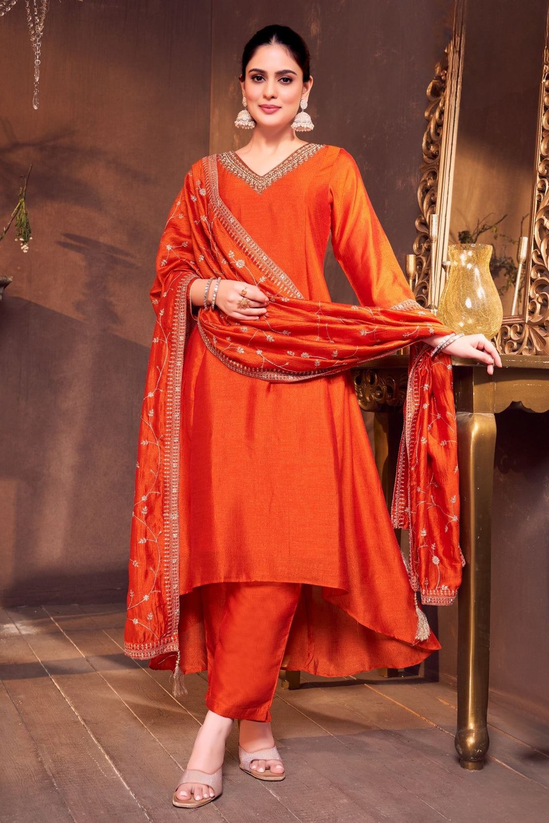 Orange Beads, Pearl, Zardozi, Stone, Zari and Sequins work Aline Cut Salwar Suit