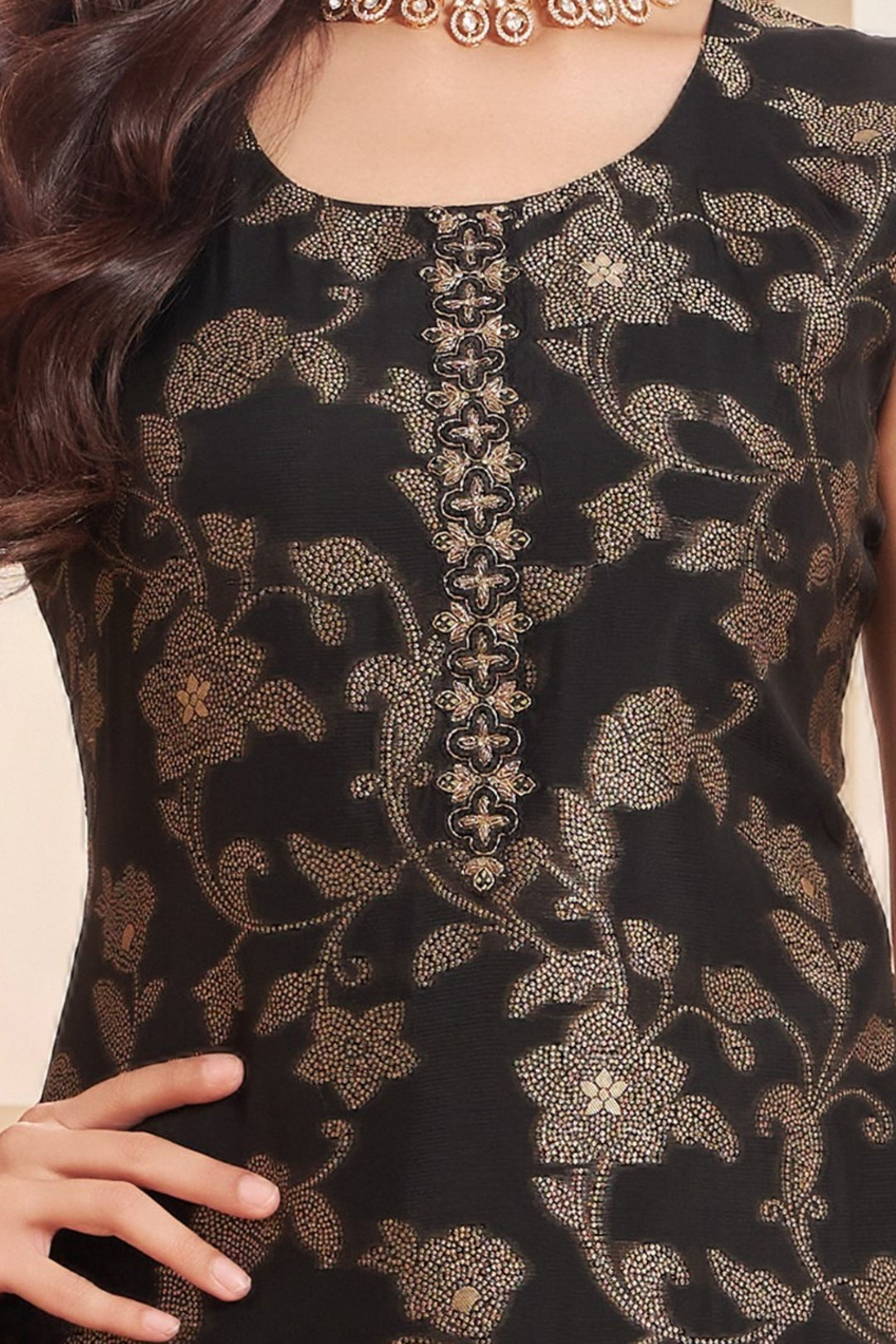Black Banaras, Zardozi, Mirror, Stone and Thread work Straight Cut Salwar Suit