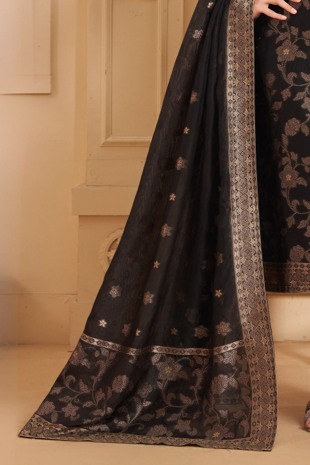 Black Banaras, Zardozi, Mirror, Stone and Thread work Straight Cut Salwar Suit