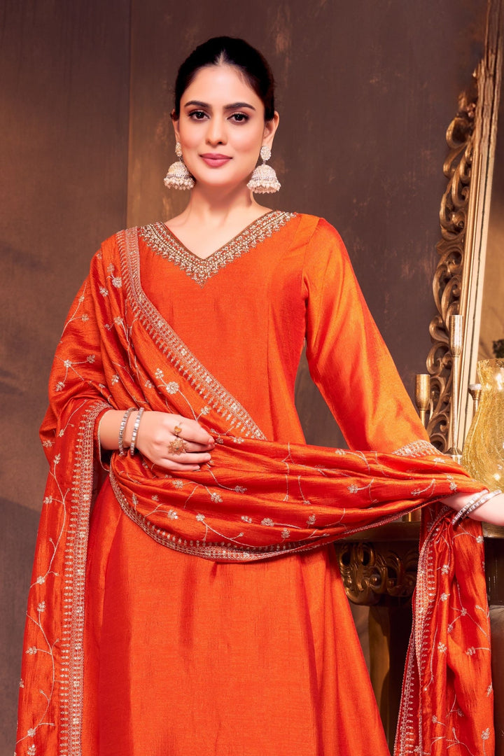 Orange Beads, Pearl, Zardozi, Stone, Zari and Sequins work Aline Cut Salwar Suit