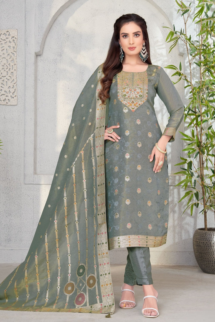 Grey Banaras, Beads and Sequins work Straight Cut Salwar Suit