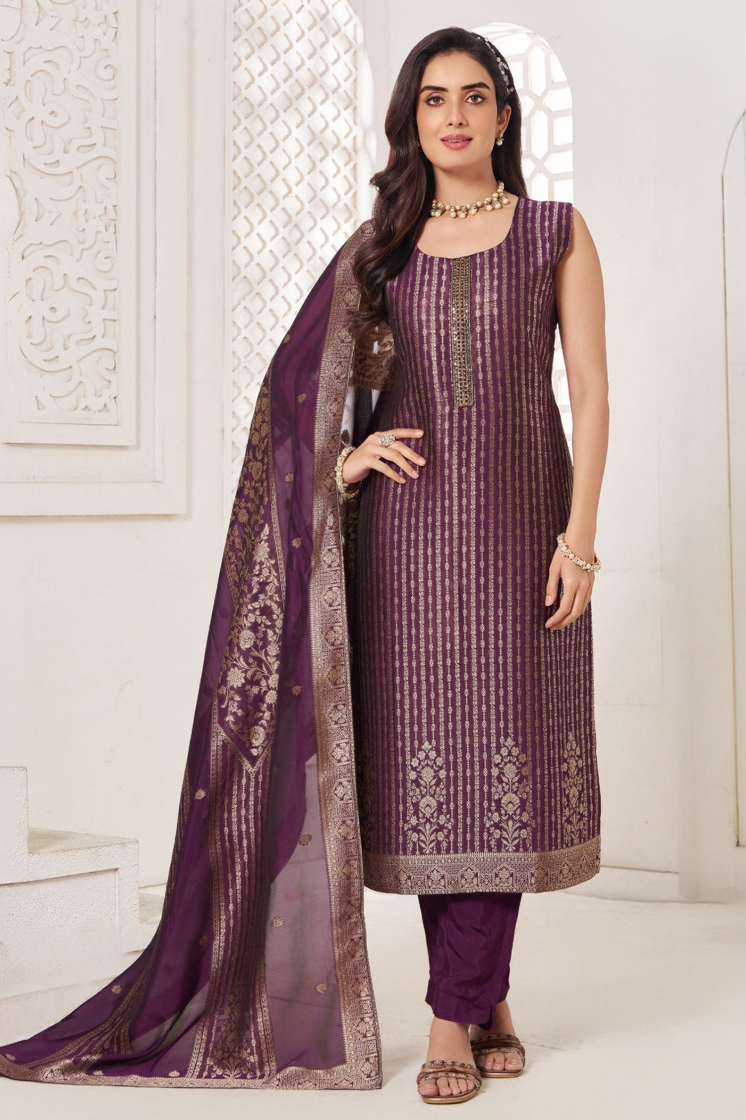 Purple Banaras, Zardozi, Beads and Stone work Straight Cut Salwar Suit