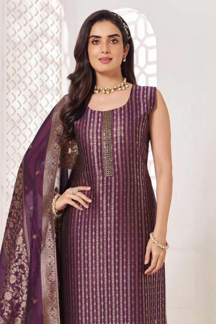 Purple Banaras, Zardozi, Beads and Stone work Straight Cut Salwar Suit