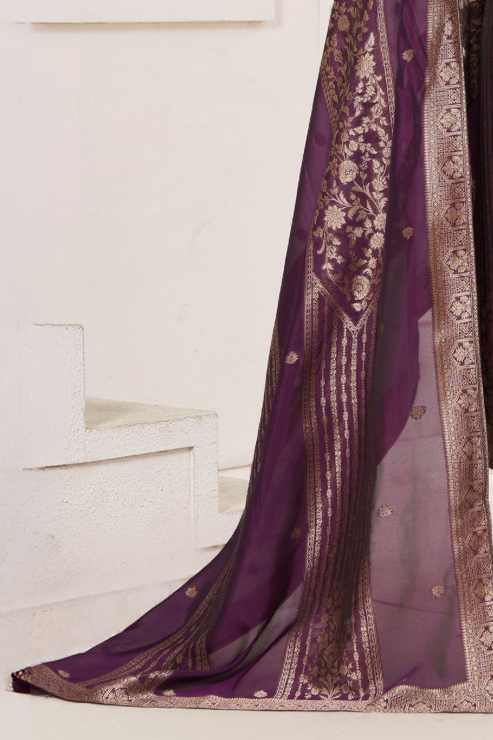 Purple Banaras, Zardozi, Beads and Stone work Straight Cut Salwar Suit