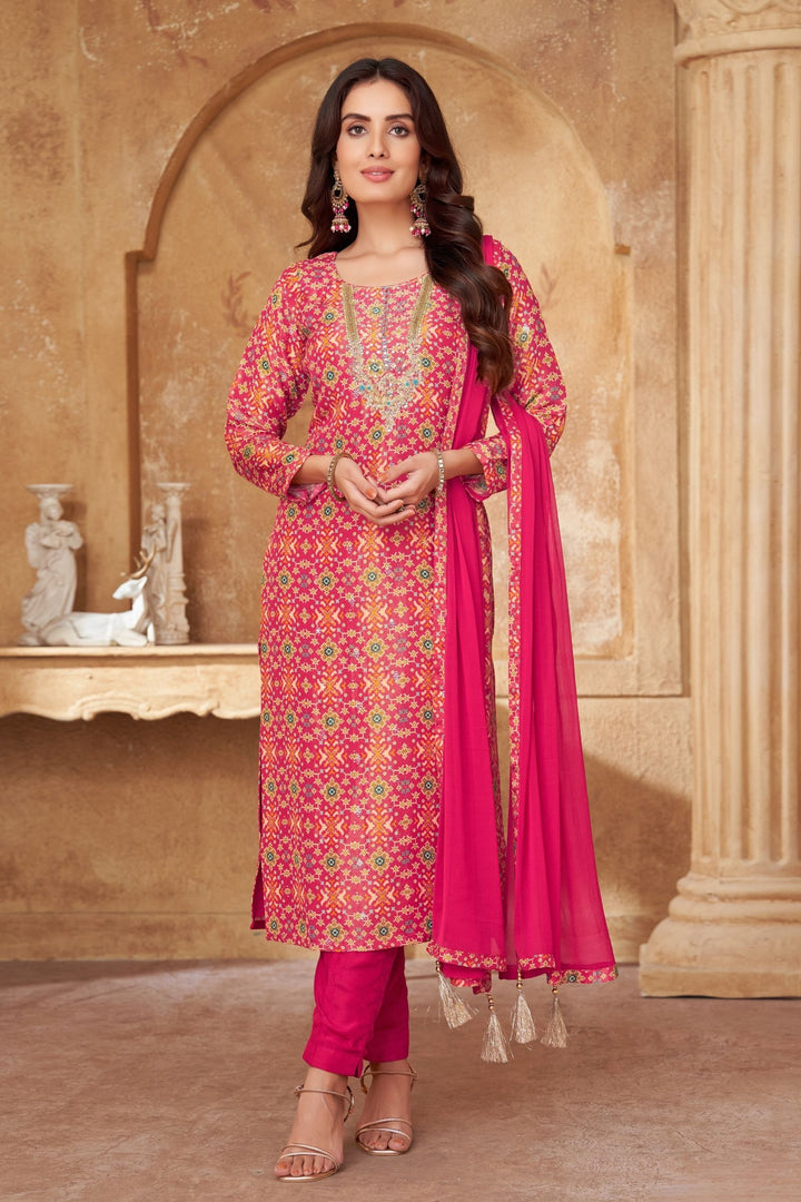 Pink Banaras Weaving, Zardozi and Mirror work with Patola Print Straight Cut Salwar Suit