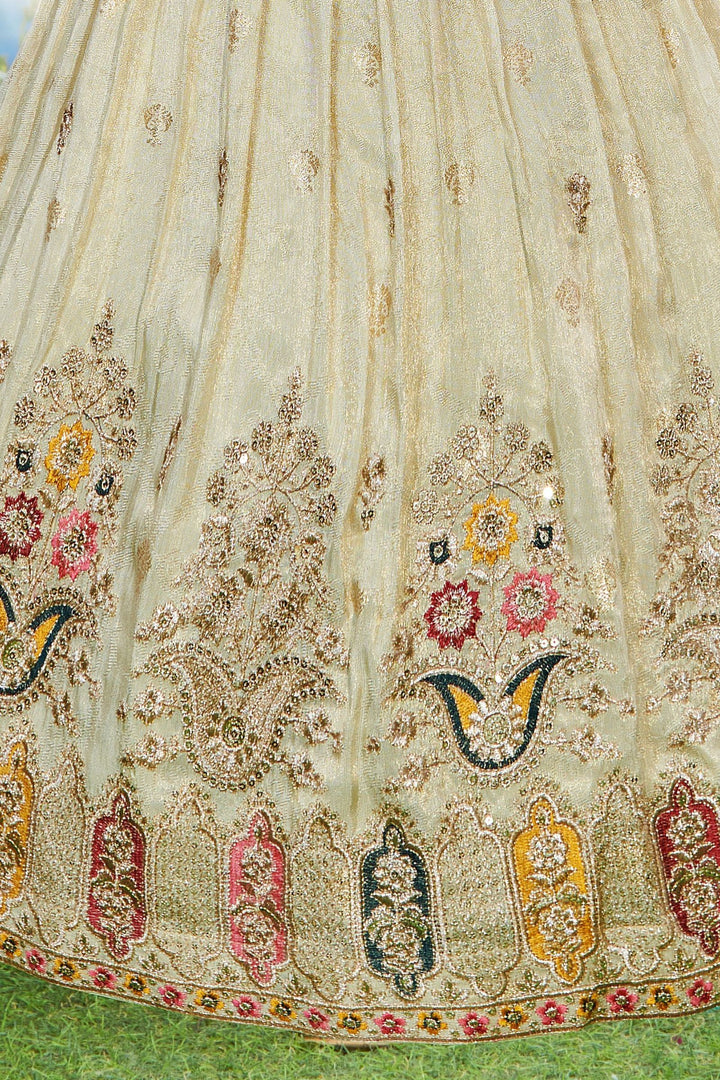 Beige Zari, Sequins and Multicolor Thread work Lehenga Choli for Girls