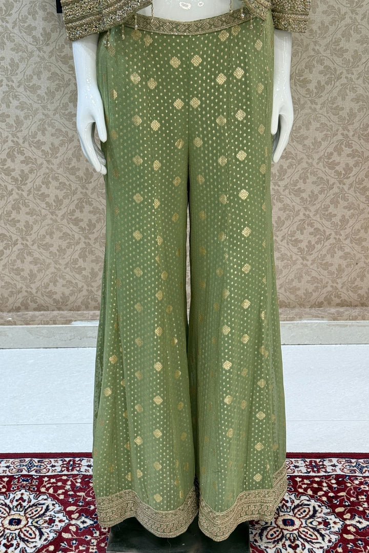 Pista Green Stone, Zari and Sequins work Crop Top with Overcoat Styled Palazzo Suit Set