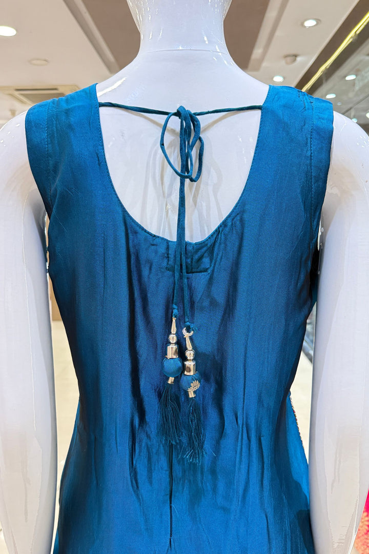 Peacock Blue Banaras, Beads and Sequins work Straight Cut Salwar Suit