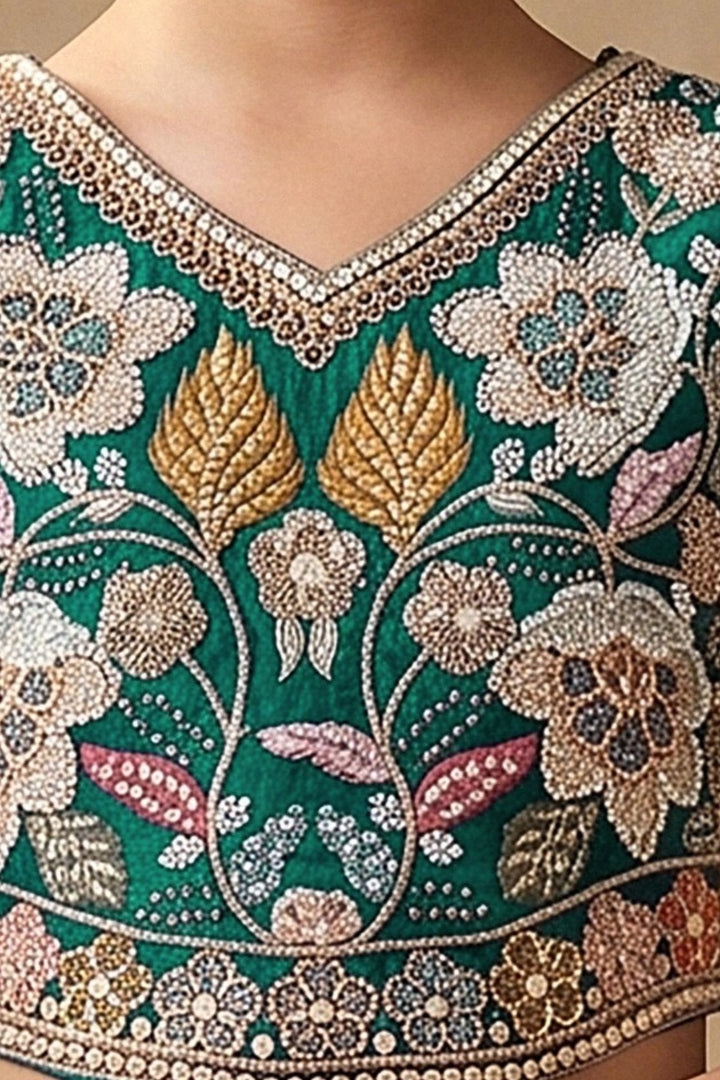 Peacock Green Floral Embroidery Girls Lehenga Choli with Zari, Beads and Sequins work